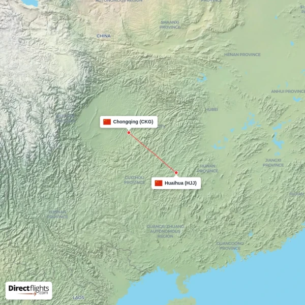 Huaihua - Chongqing direct flight map