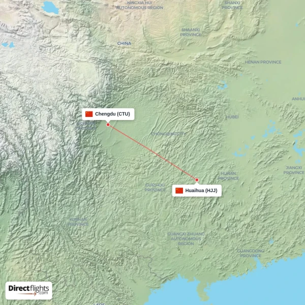 Huaihua - Chengdu direct flight map