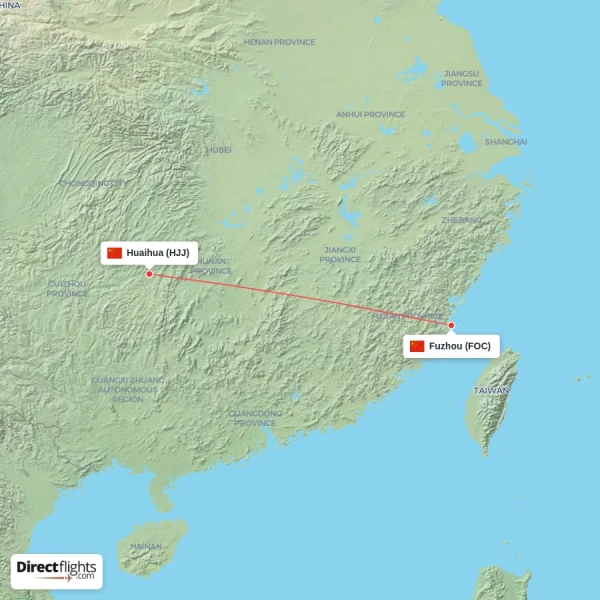 Huaihua - Fuzhou direct flight map