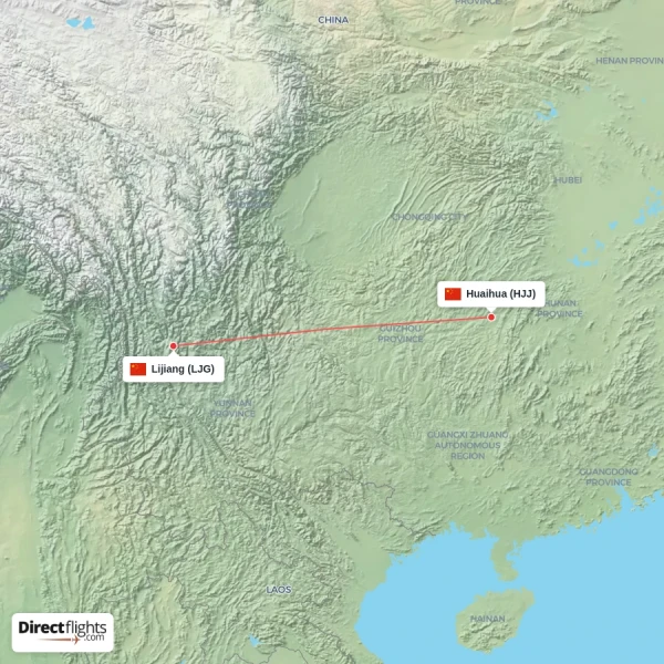Huaihua - Lijiang direct flight map
