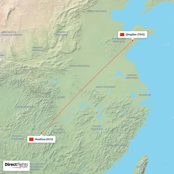 Huaihua - Qingdao direct flight map