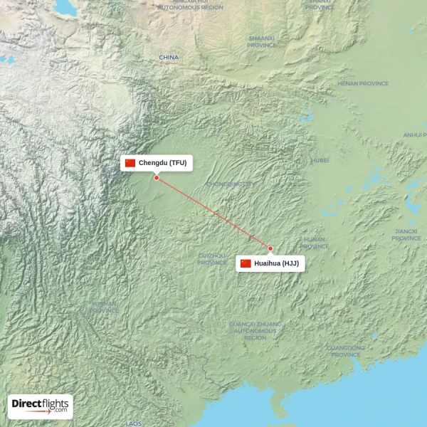 Huaihua - Chengdu direct flight map