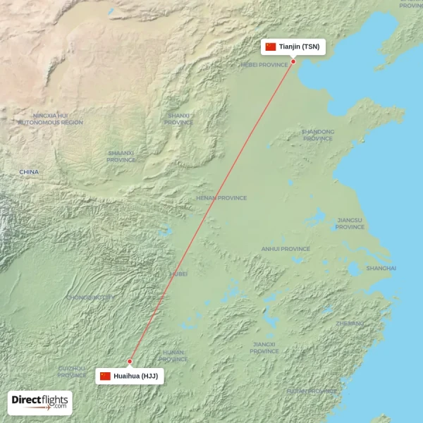 Huaihua - Tianjin direct flight map