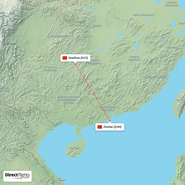 Huaihua - Zhuhai direct flight map