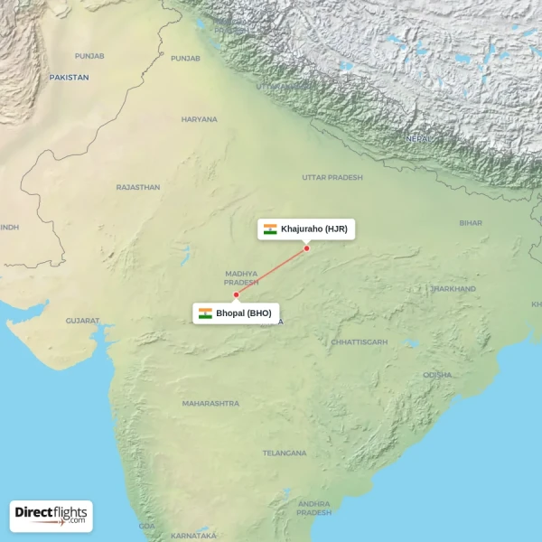 Khajuraho - Bhopal direct flight map