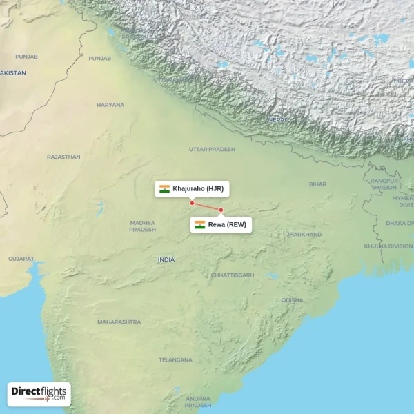 Khajuraho - Rewa direct flight map