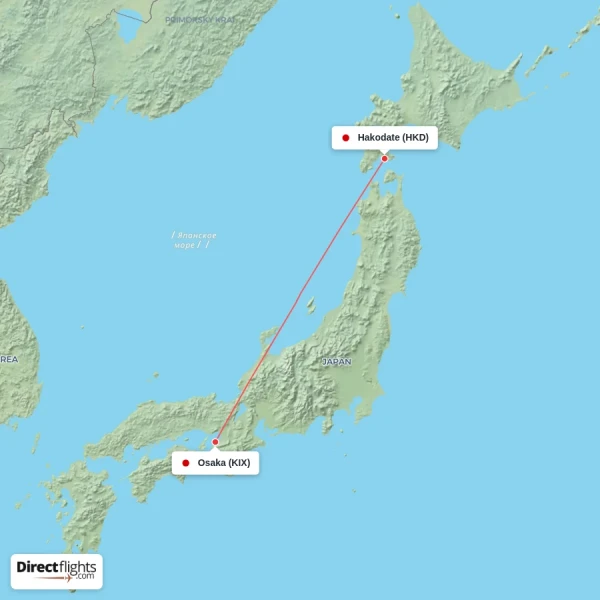 Hakodate - Osaka direct flight map