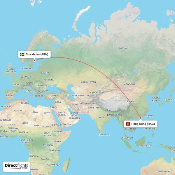 Hong Kong - Stockholm direct flight map