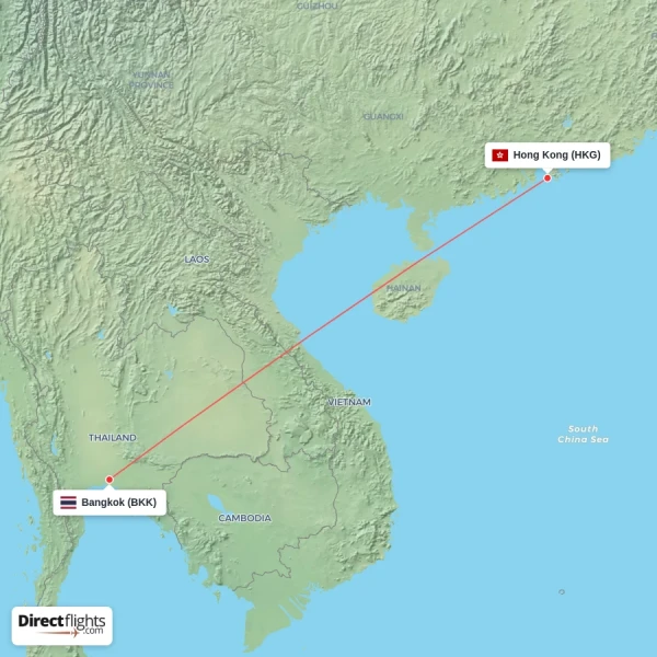 Hong Kong - Bangkok direct flight map