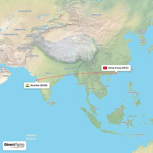 Hong Kong - Mumbai direct flight map