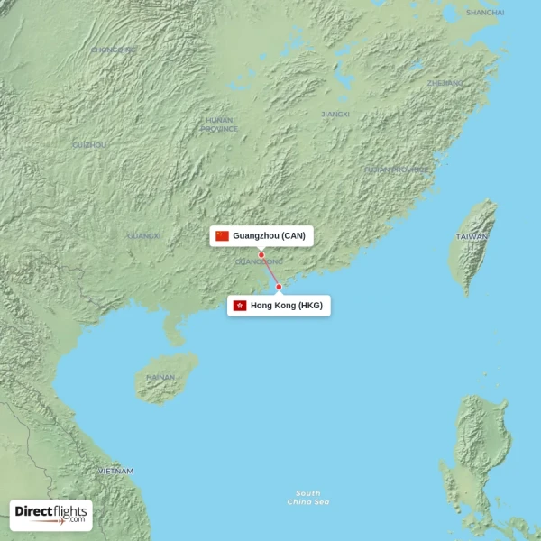 Hong Kong - Guangzhou direct flight map