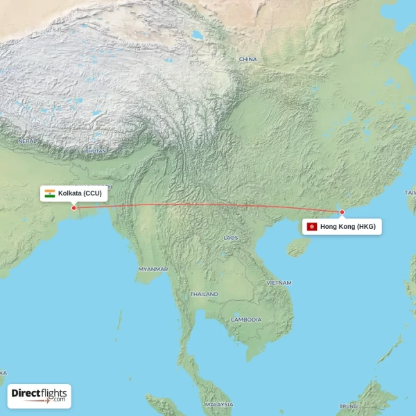 Hong Kong - Kolkata direct flight map
