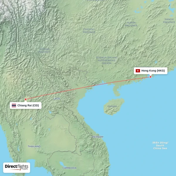 Hong Kong - Chiang Rai direct flight map
