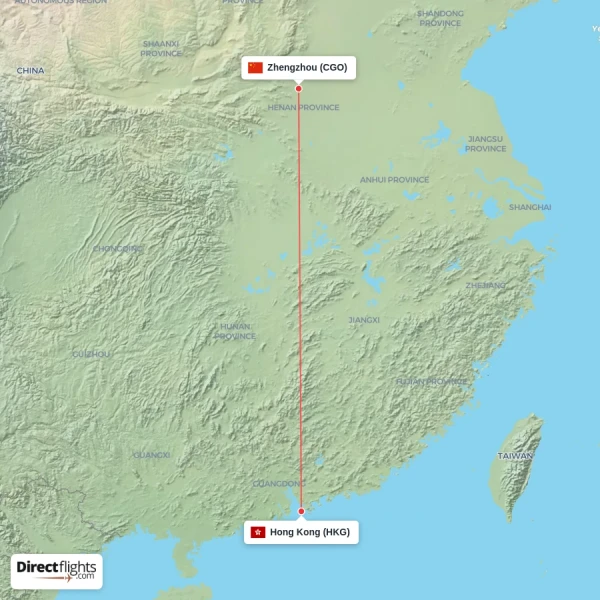Hong Kong - Zhengzhou direct flight map