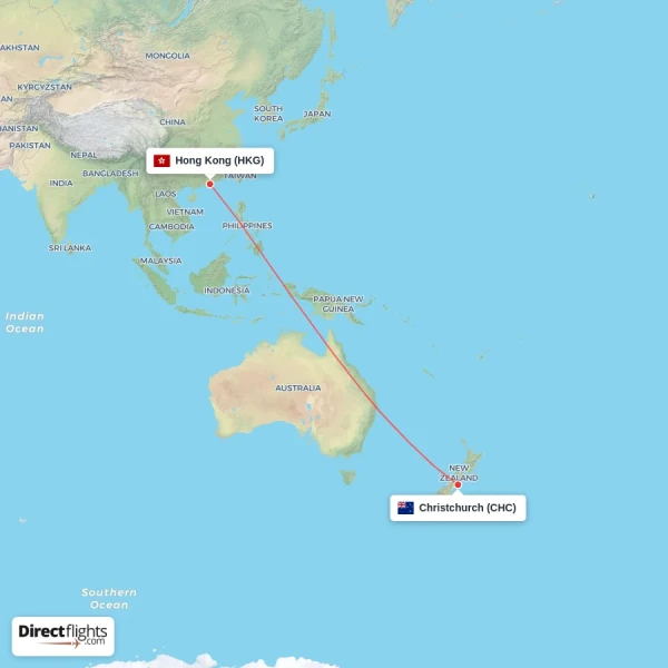 Hong Kong - Christchurch direct flight map