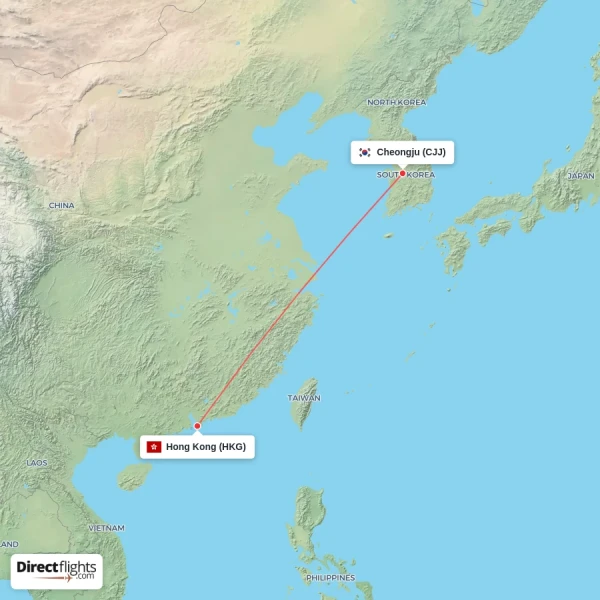 Hong Kong - Cheongju direct flight map