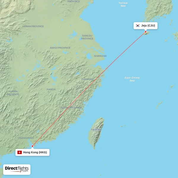 Hong Kong - Jeju direct flight map