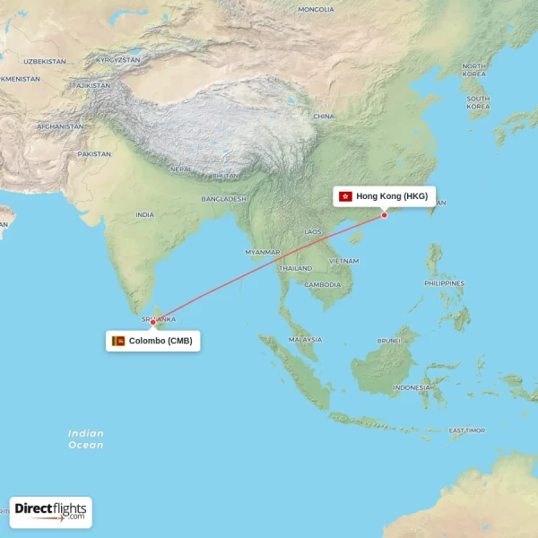 Hong Kong - Colombo direct flight map