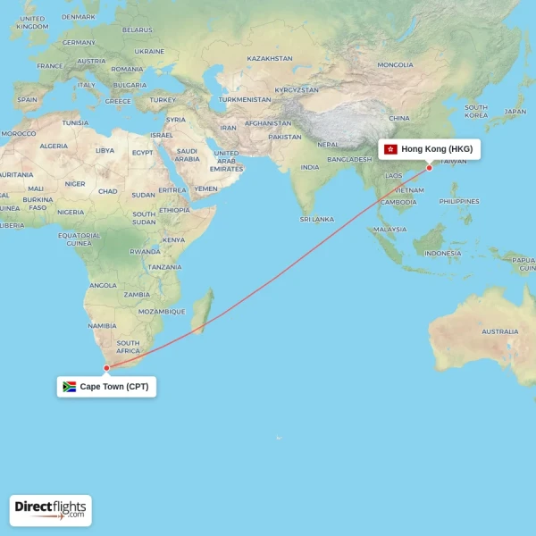 Hong Kong - Cape Town direct flight map