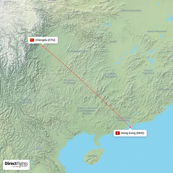 Hong Kong - Chengdu direct flight map