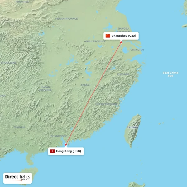 Hong Kong - Changzhou direct flight map