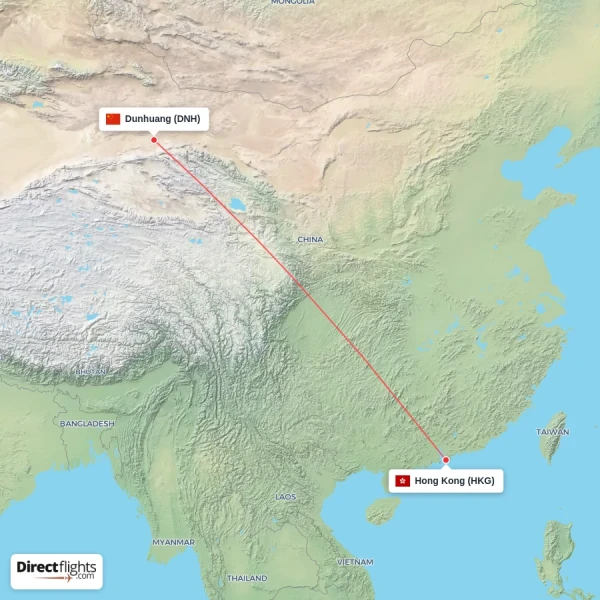 Hong Kong - Dunhuang direct flight map