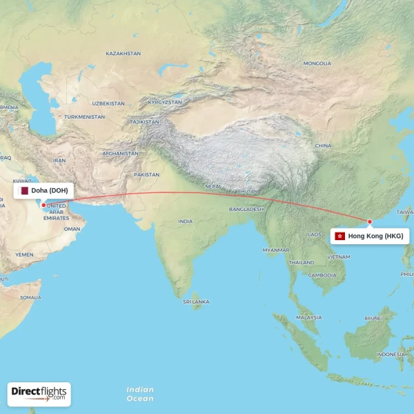 Hong Kong - Doha direct flight map