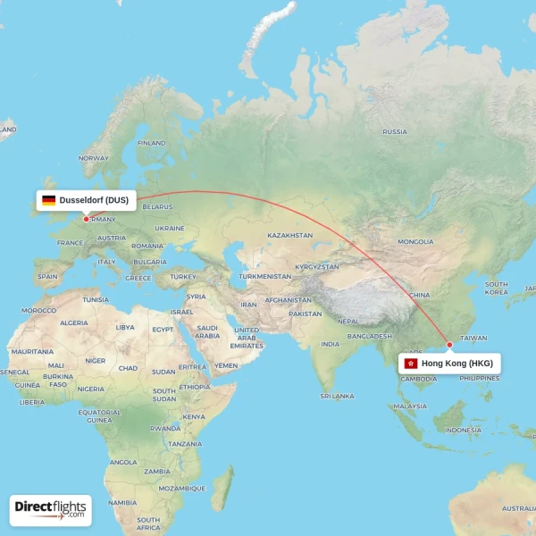 Hong Kong - Dusseldorf direct flight map