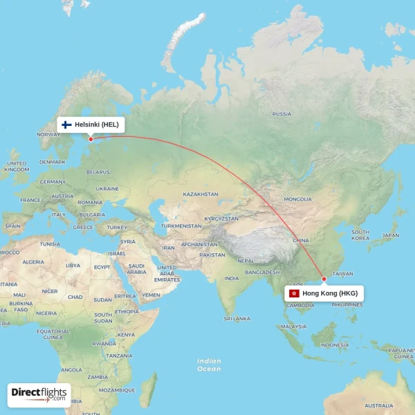 Hong Kong - Helsinki direct flight map
