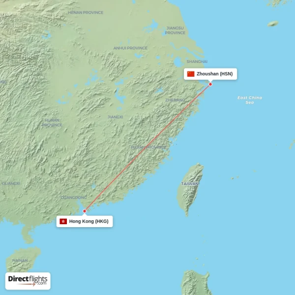 Hong Kong - Zhoushan direct flight map