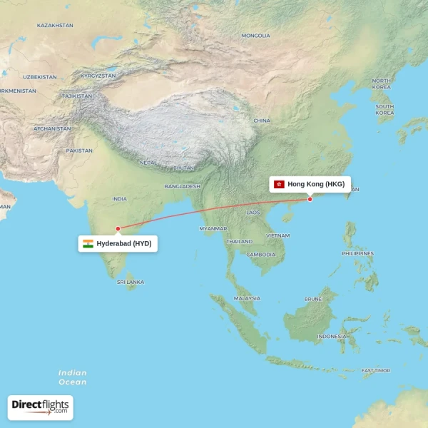 Hong Kong - Hyderabad direct flight map