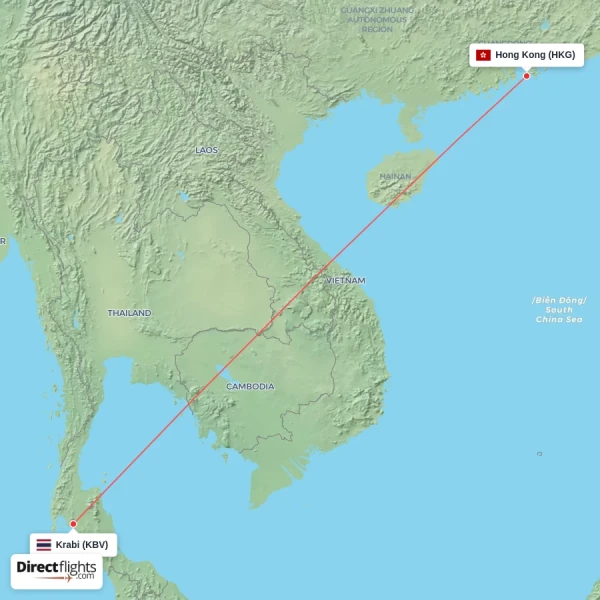Hong Kong - Krabi direct flight map