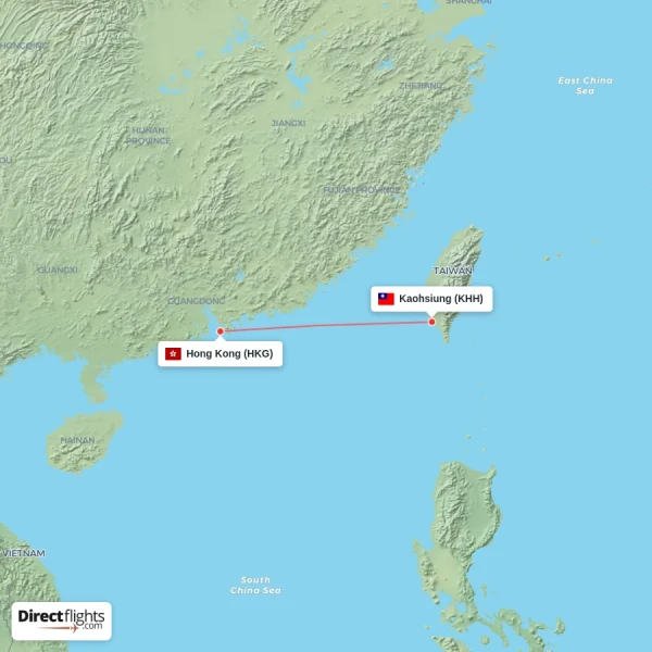 Hong Kong - Kaohsiung direct flight map