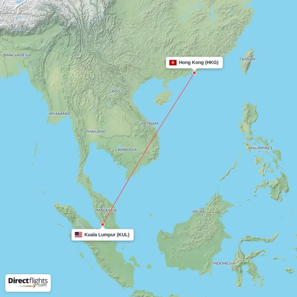 Hong Kong - Kuala Lumpur direct flight map