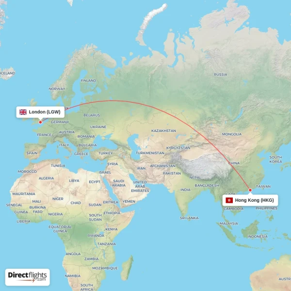 Hong Kong - London direct flight map