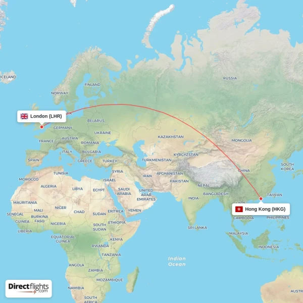 Hong Kong - London direct flight map
