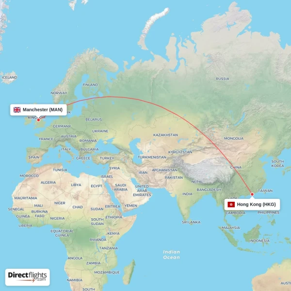 Hong Kong - Manchester direct flight map