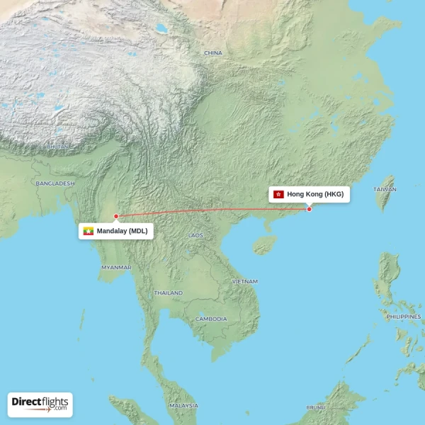 Hong Kong - Mandalay direct flight map