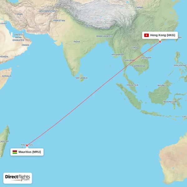 Hong Kong - Mauritius direct flight map