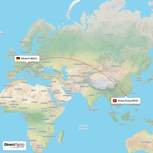 Hong Kong - Munich direct flight map