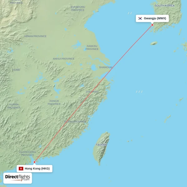 Hong Kong - Gwangju direct flight map