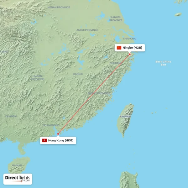 Hong Kong - Ningbo direct flight map