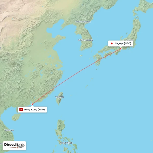 Hong Kong - Nagoya direct flight map