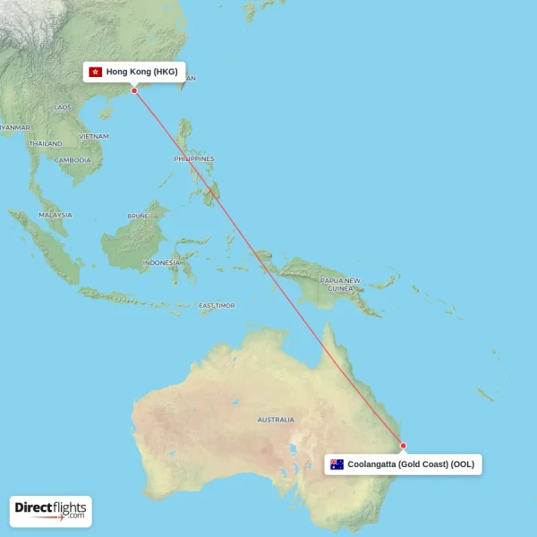Hong Kong - Coolangatta (Gold Coast) direct flight map
