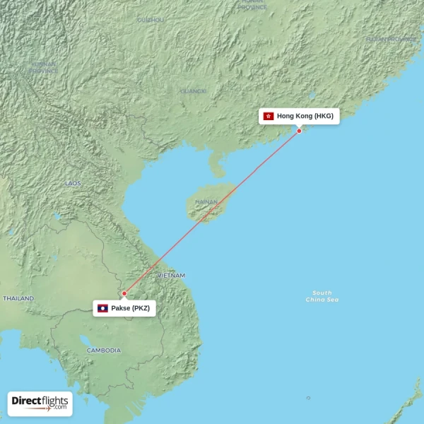 Hong Kong - Pakse direct flight map