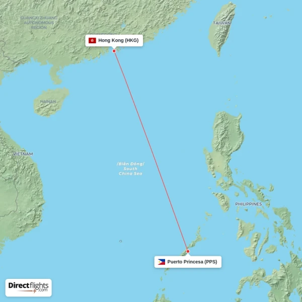 Hong Kong - Puerto Princesa direct flight map