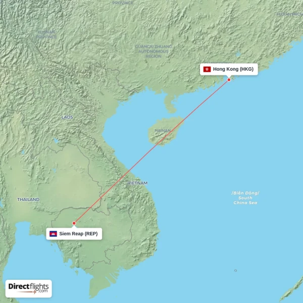 Hong Kong - Siem Reap direct flight map