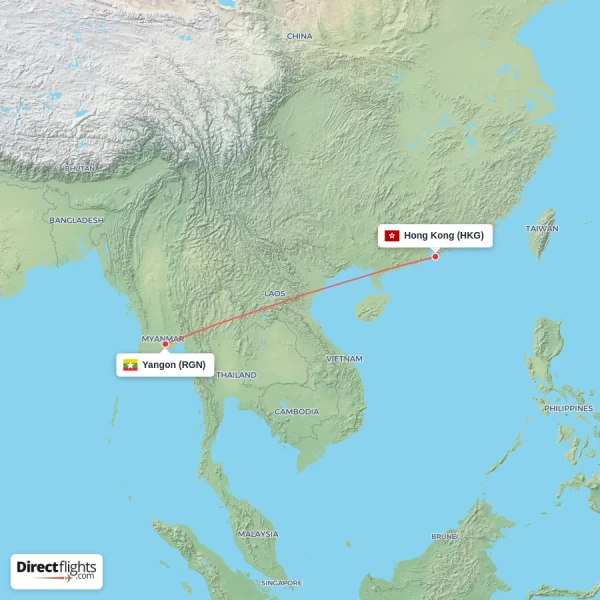 Hong Kong - Yangon direct flight map