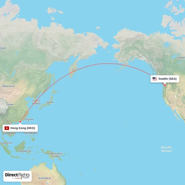 Hong Kong - Seattle direct flight map