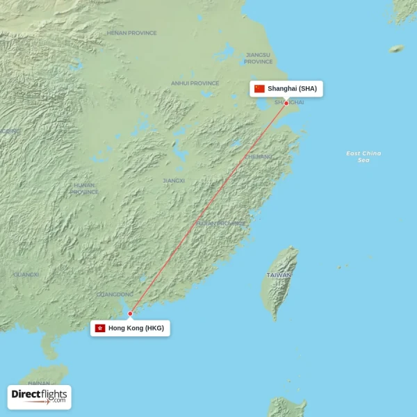Hong Kong - Shanghai direct flight map